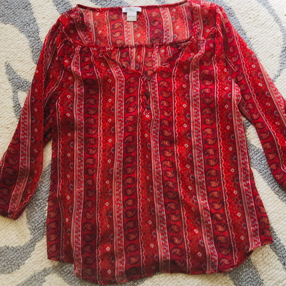 Lucky Brand Sheer Red Paisley Peasant Top